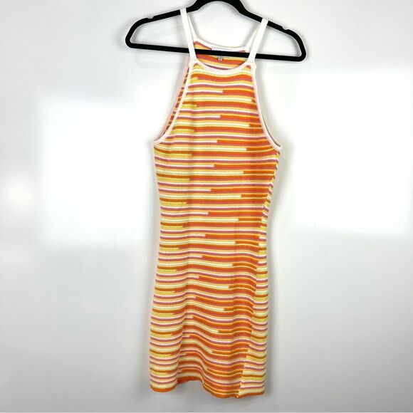 ACOA Orange Striped Knit Halter Mini Dress Sleeveleess Women's Size XL - Picture 1 of 9